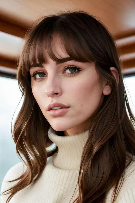 close-up photograph of VeronicaCipher, bangs, detailed face, wearing turtleneck sweater, film grain, analog, Kodak Portra 800, f1.8, 50mm