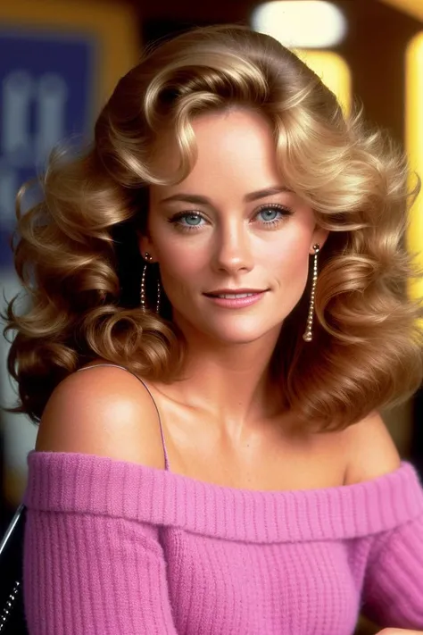 photo of seductive (cybsheph-130:0.99), a woman as a sexy student, closeup portrait, (sweater off-shoulder with strap), at an (80s style) cantina sitting bar, (masterpiece:1.5) (photorealistic:1.1) (bokeh) (best quality) (detailed skin texture pores hairs:1.1) (intricate) (8k) (HDR) (wallpaper) (cinematic lighting) (sharp focus), (earrings), (vivid atmosphere), (smiling:1.1), (80s hairstyle)