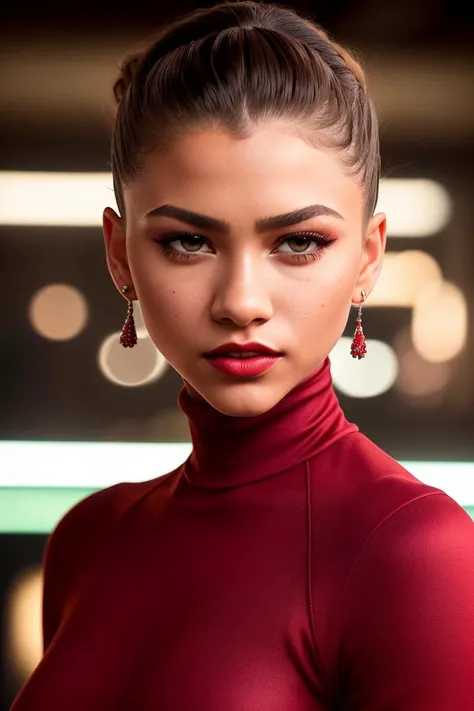 photo of extremely sexy (zend4y4:0.99), a woman as a sexy student, closeup portrait upsweep updo, (red tight long sleeve turtleneck top), at a cantina sitting bar (masterpiece:1.5) (photorealistic:1.1) (bokeh) (best quality) (detailed skin texture pores hairs:1.1) (intricate) (8k) (HDR) (wallpaper) (cinematic lighting) (sharp focus), (eyeliner), (painted lips:1.2), (earrings)