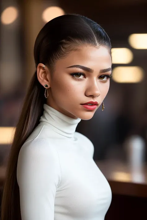 photo of extremely sexy (zend4y4:0.99), a woman as a sexy student, closeup portrait upsweep updo, (white tight long sleeve turtleneck top), at a cantina sitting bar (masterpiece:1.5) (photorealistic:1.1) (bokeh) (best quality) (detailed skin texture pores hairs:1.1) (intricate) (8k) (HDR) (wallpaper) (cinematic lighting) (sharp focus), (eyeliner), (painted lips:1.2), (earrings)