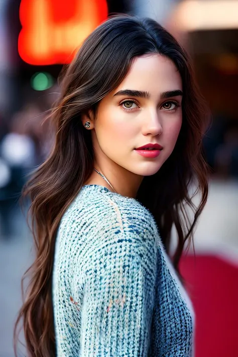 photo of extremely sexy (jenn1f1850:0.99), a woman as a movie star, (backcombed hair) 80s style, modelshoot style, (extremely detailed CG unity 8k wallpaper), photo of the most beautiful artwork in the world, professional majestic oil painting by Ed Blinkey, Atey Ghailan, Studio Ghibli, by Jeremy Mann, Greg Manchess, Antonio Moro, trending on ArtStation, trending on CGSociety, Intricate, High Detail, Sharp focus, dramatic, photorealistic painting art by midjourney and greg rutkowski, (red turtleneck top:1.2), ((movie premiere)), ((standing near a movie theater)), ((paparazzi in the background)), (looking at viewer:1.2), (detailed pupils:1.3), (hands on hips), closeup portrait