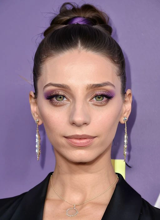 lora_sarafyan_girl, <lora:angelaSarafyan_v01t:0.75>, a woman with a black dress and a necklace, purple eyeshadow, with symmetrical facial features, medium closeup