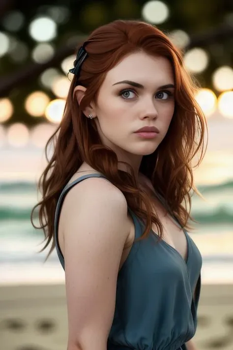 (sharp focus:1.2), photo,  hollandroden-2600, (beautiful face:1.1), detailed eyes, luscious lips, (cat eye makeup:0.85), wearing (romper:1.2) on a (beach:1.2).  (moody lighting:1.2), depth of field, bokeh, 4K, HDR. by (James C. Christensen:1.2|Jeremy Lipking:1.1).