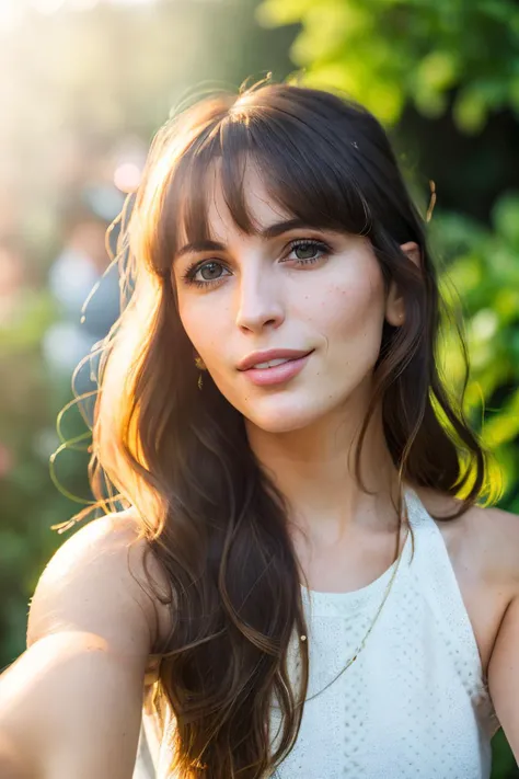 (selfie:1.5) of VeronicaCipher, hair with bangs, small smile, wearing a summer dress at a garden party, golden hour, analog style (look at viewer:1.2) (skin texture), close up, cinematic light, sidelighting, Fujiflim XT3, DSLR, 50mm