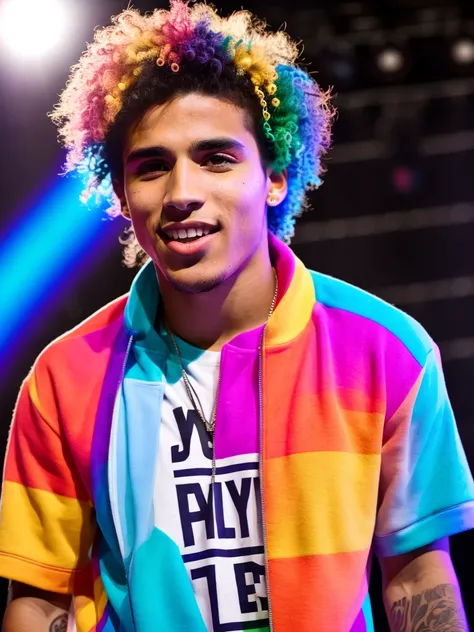 full frame, full body portrait, cute, male model, active Latino male, tan skin, rainbow hair, multicolored eyes, (skin texture), (singer on stage:1.4), skin pores, shallow depth of field, sharp eye focus, backlit, bokeh