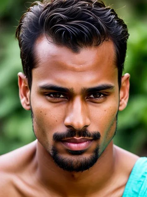 full frame, Close portrait, cute, male model, developed Indian male, taupe glowing skin, comb over hair, aqua eyes, (skin texture), skin pores, shallow depth of field, sharp eye focus, backlit