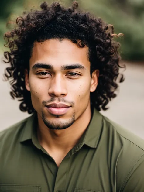 full frame, Close portrait, cute, male model, defined Pacific Islander male, dark lined skin, long curly gray hair, olive eyes, (skin texture), skin pores, shallow depth of field, sharp eye focus, backlit