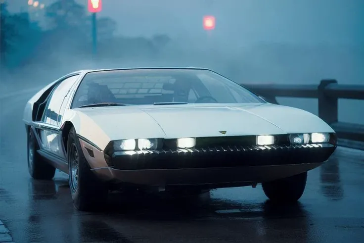 analog gloomy photo of a (Lamborghini Marzal car, <lora:l4mb0m4rz4l:0.8>), from behind, (speeding in a city avenue at night), (heavy rain), (neon signs:1.3), ((cyberpunk)), ((nighttime)), High Detail, Sharp focus, ((photorealism)), realistic, best quality, 8k, award winning, dramatic lighting, epic, cinematic, masterpiece, depth of field, volumetric lights, (ambient fog:1.3), dutch angle, rim light, wide angle lens, steam,