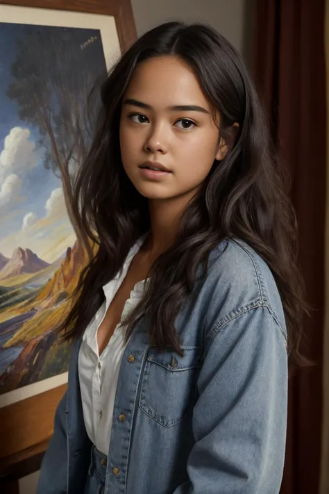 best quality, masterpiece, (<lora:[AU]_-_Courtney_Eaton:1> mt-courtneyeaton):1,  in the style of Donald Pass and  Bob Ross, cinematic lighting