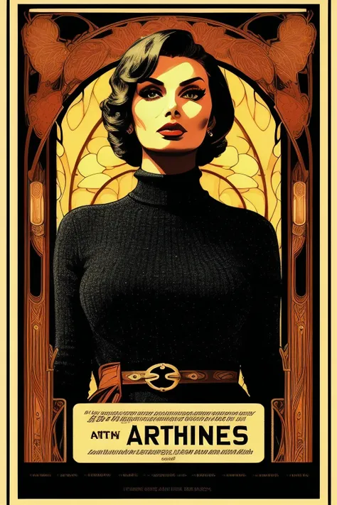 photo of captivating (s0ph1al0ren), a woman as a (sexy vintage hollywood star:1.1), Indie game art, ((art nouveau poster:1.3)), ((vinyl print:1.2)), (vintage poster:1.2), (Infographics photo, vintage-style photography, professional photoshoot, (medium shot), (waist up), retro fashion photo, Direct gaze towards the camera, aloof expression, dynamic stance, ((elegant turtleneck dress:1.2)), with trendy hairstyle, balance, juxtaposition, (((exquisitely detailed infographic))), ((page scan:1.2)), (((magazine cover:1.2))), (((information text:1.2))), (detailed infographics:1.1), atmospheric lighting, cinematic composition, concept art, digital illustration, elaborate, artwork by Bastien Lecouffe-Deharme and Greg Rutkowski and Carne Griffiths, ambient lighting, 4K resolution, meticulously detailed, cell shading, ((rotoscoping)), ((flawless eyes)), (intricate pupils), (((acknowledgments))), (((comic installment))), (((character infographic))), (50s noir film:1.2)), (Vector Art, Borderlands style, Arcane style, Cartoon style), Line art, Disctinct features, Hand drawn, Technical illustration, Graphic design, Vector graphics, High contrast, Precision artwork, Linear compositions, Scalable artwork, Digital art, cinematic sensual, Sharp focus, humorous illustration, big depth of field, Masterpiece, trending on artstation, Vivid colors, trending on ArtStation, trending on CGSociety, Intricate, Low Detail, dramatic