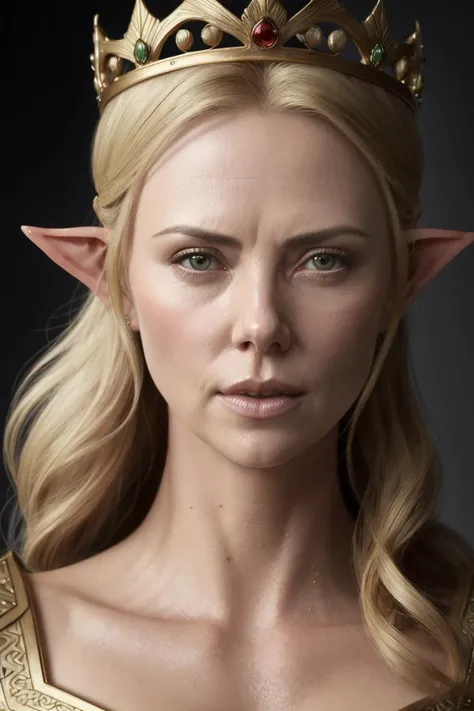A queen elf with a crown, Charlize Theron face, ultra realistic, concept art, intricate details, eerie, highly detailed, photorealistic, octane render, 8 k, unreal engine. art by artgerm and greg rutkowski and alphonse mucha
