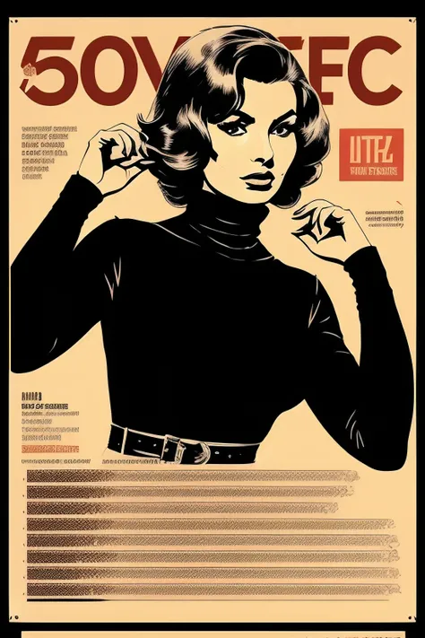 photo of captivating (s0ph1al0ren), a woman as a (sexy vintage hollywood star:1.1), Indie game art, ((Photolithograph:1.2)), (vintage propaganda poster:1.2), (Infographics photo, vintage-style photography, professional photoshoot, (medium shot), (waist up), retro fashion photo, Direct gaze towards the camera, aloof expression, dynamic stance, ((elegant turtleneck dress:1.2)), with trendy hairstyle, balance, juxtaposition, (((exquisitely detailed infographic))), ((page scan:1.2)), (((magazine cover:1.2))), (((information text:1.2))), (detailed infographics:1.1), atmospheric lighting, cinematic composition, concept art, digital illustration, elaborate, artwork by Bastien Lecouffe-Deharme and Greg Rutkowski and Carne Griffiths, ambient lighting, 4K resolution, meticulously detailed, cell shading, ((rotoscoping)), ((flawless eyes)), (intricate pupils), (((acknowledgments))), (((comic installment))), (((character infographic))), (50s noir film:1.2)), (Vector Art, Borderlands style, Arcane style, Cartoon style), Line art, Disctinct features, Hand drawn, Technical illustration, Graphic design, Vector graphics, High contrast, Precision artwork, Linear compositions, Scalable artwork, Digital art, cinematic sensual, Sharp focus, humorous illustration, big depth of field, Masterpiece, trending on artstation, Vivid colors, trending on ArtStation, trending on CGSociety, Intricate, Low Detail, dramatic, (inspired by rosie the welder:1.2)