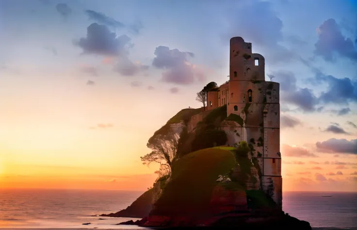 ultra wide shot fanru, (castle:1.5), (waterfall:1.3)  river (stone tower:1.4) path  photo realistic a distant lone figure stand silhouetted against the sky  standing on a beachside peninsula top of a cliff looking out to (sea:0.6) (silhouette:1.3) against sunset looking out to (sea:0.6)  sky,  standing on rocks up high , side view.  craggy outcrop hilltop cove <lora:epi_noiseoffset2:0.5>  <lora:FantasyRuins:1.3>  forest,