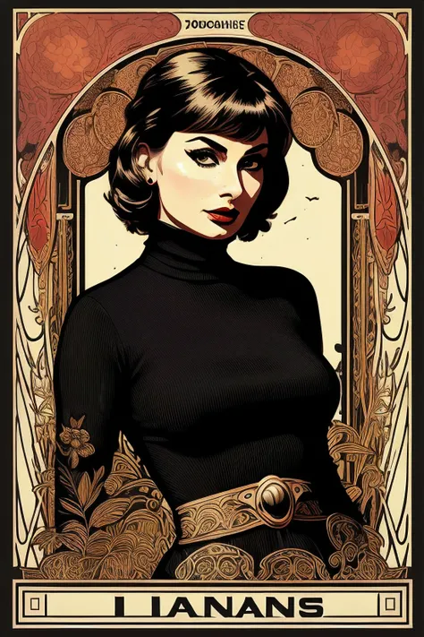 photo of captivating (s0ph1al0ren), a woman as a (sexy vintage hollywood star:1.1), Indie game art, ((art nouveau poster:1.3)), ((vinyl print:1.2)), (vintage poster:1.2), (Infographics photo, vintage-style photography, professional photoshoot, (medium shot), (waist up), retro fashion photo, Direct gaze towards the camera, aloof expression, dynamic stance, ((elegant turtleneck dress:1.2)), with trendy hairstyle, balance, juxtaposition, (((exquisitely detailed infographic))), ((page scan:1.2)), (((magazine cover:1.2))), (((information text:1.2))), (detailed infographics:1.1), atmospheric lighting, cinematic composition, concept art, digital illustration, elaborate, artwork by Bastien Lecouffe-Deharme and Greg Rutkowski and Carne Griffiths, ambient lighting, 4K resolution, meticulously detailed, cell shading, ((rotoscoping)), ((flawless eyes)), (intricate pupils), (((acknowledgments))), (((comic installment))), (((character infographic))), (50s noir film:1.2)), (Vector Art, Borderlands style, Arcane style, Cartoon style), Line art, Disctinct features, Hand drawn, Technical illustration, Graphic design, Vector graphics, High contrast, Precision artwork, Linear compositions, Scalable artwork, Digital art, cinematic sensual, Sharp focus, humorous illustration, big depth of field, Masterpiece, trending on artstation, Vivid colors, trending on ArtStation, trending on CGSociety, Intricate, Low Detail, dramatic