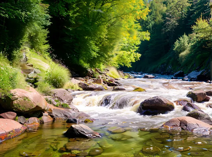 photo ultra wide shot realistic summer sunshine english countryside (rapids:0.4) riverbank mud (cliff:0.5) face tiered waterfalls cascading over rocks into a river granite cliff rock cracks sky tranquil lake spray pebble shore line epiCPhoto, wet rocks plants flowers horizon mature oak trees sand shrubs stepping stones moss greystone