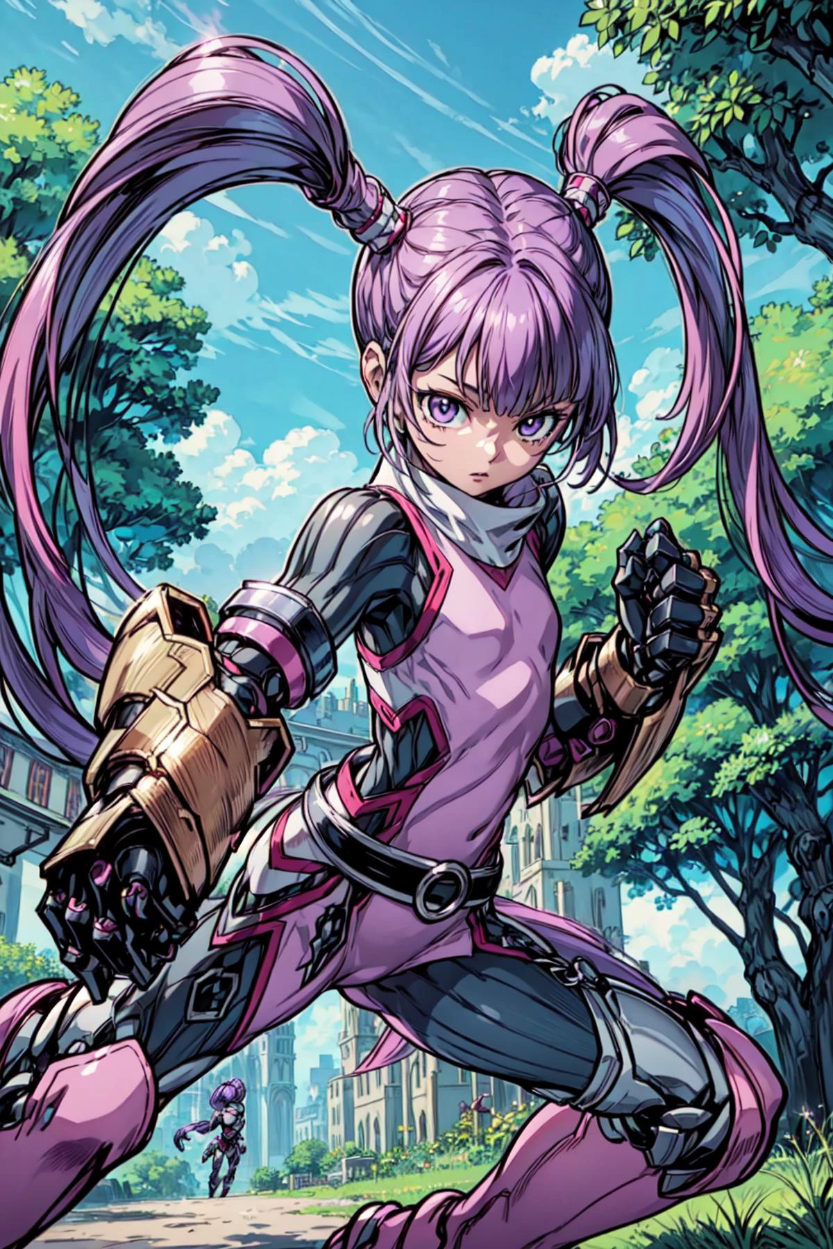 1girl, girl, solo, <lora:Sophie_TalesOf:0.9>, Sophie_TalesOf, purple hair, long twintails, flat chest, pink bodysuit, outdoors, medieval, dynamic pose, fighting stance, <lora:add_detail:0.7>, <lora:mecha_gauntlets_v11:0.4>, oversized mechanical gauntlets,
