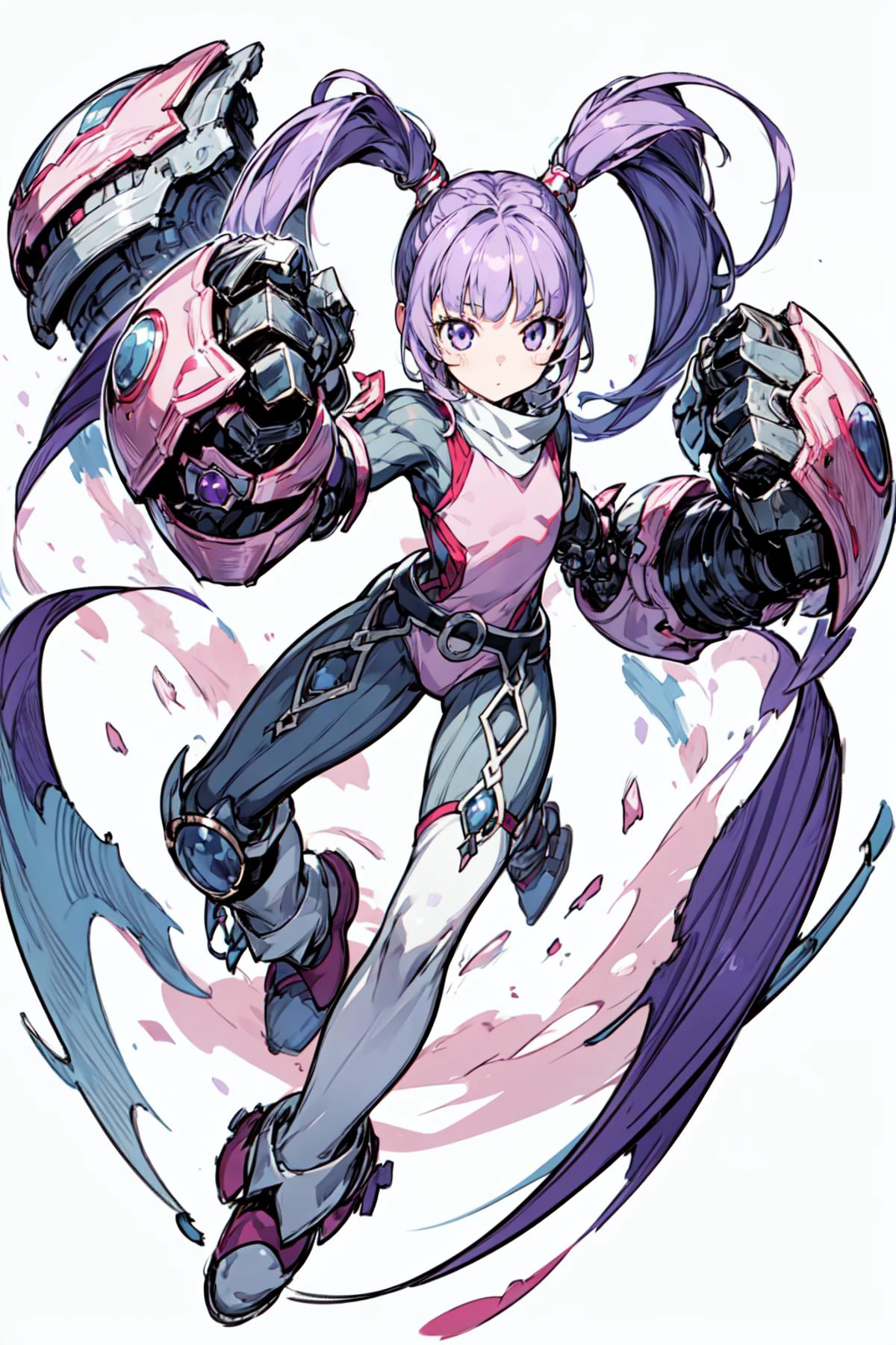 1girl, girl, solo, <lora:Sophie_TalesOf:0.9>, Sophie_TalesOf, purple hair, long twintails, flat chest, pink bodysuit, outdoors, medieval, dynamic pose, fighting stance, <lora:add_detail:0.7>, <lora:mecha_gauntlets_v11:0.4>, oversized mechanical gauntlets, <lora:tachi-e:1>, white background, full body,