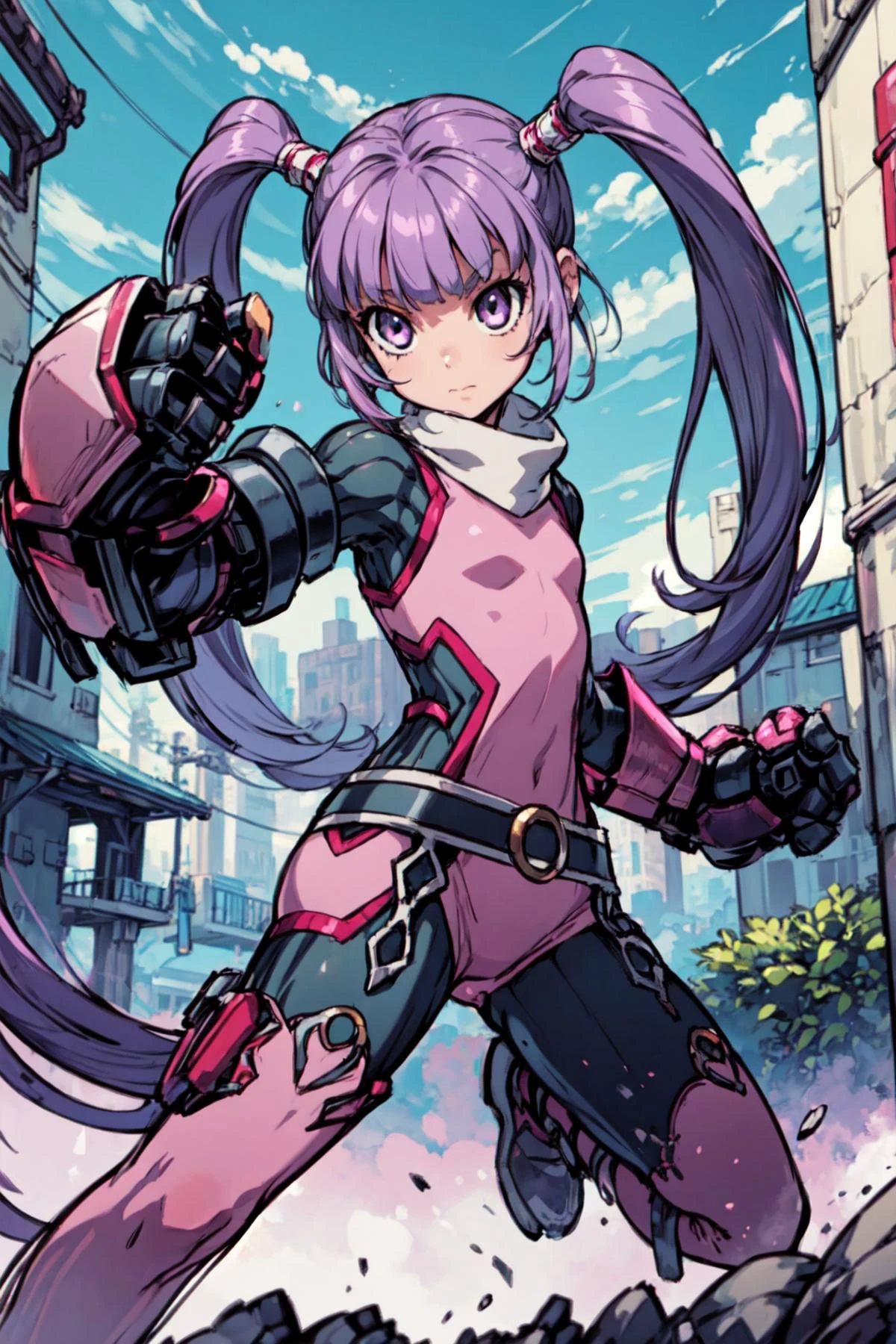 1girl, girl, solo, <lora:Sophie_TalesOf:0.9>, Sophie_TalesOf, purple hair, long twintails, flat chest, pink bodysuit, outdoors, dynamic pose, fighting stance, <lora:add_detail:0.5>, <lora:mecha_gauntlets_v11:0.4>, oversized mechanical gauntlets,