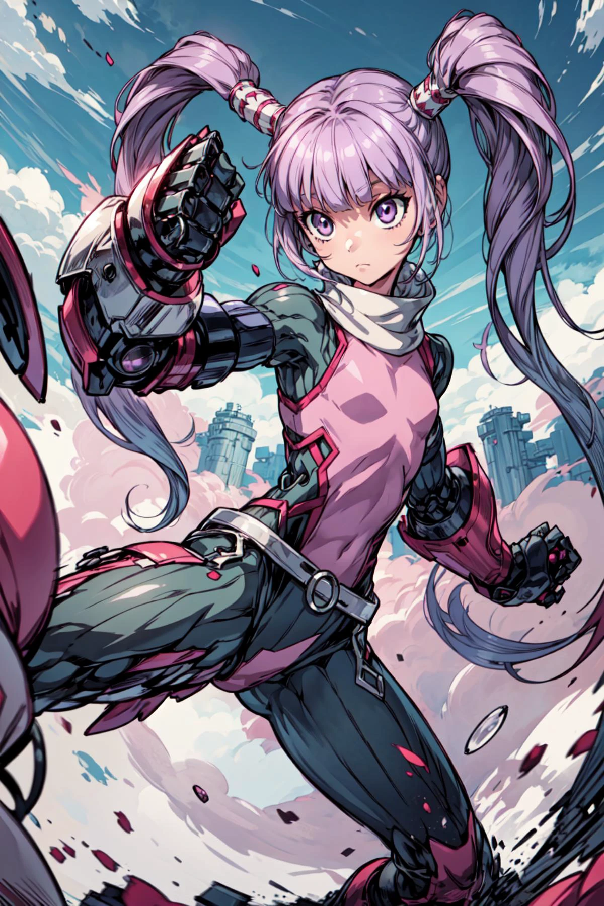 1girl, girl, solo, <lora:Sophie_TalesOf:0.9>, Sophie_TalesOf, purple hair, long twintails, flat chest, pink bodysuit, outdoors, medieval, dynamic pose, fighting stance, <lora:add_detail:0.7>, <lora:mecha_gauntlets_v11:0.4>, oversized mechanical gauntlets,