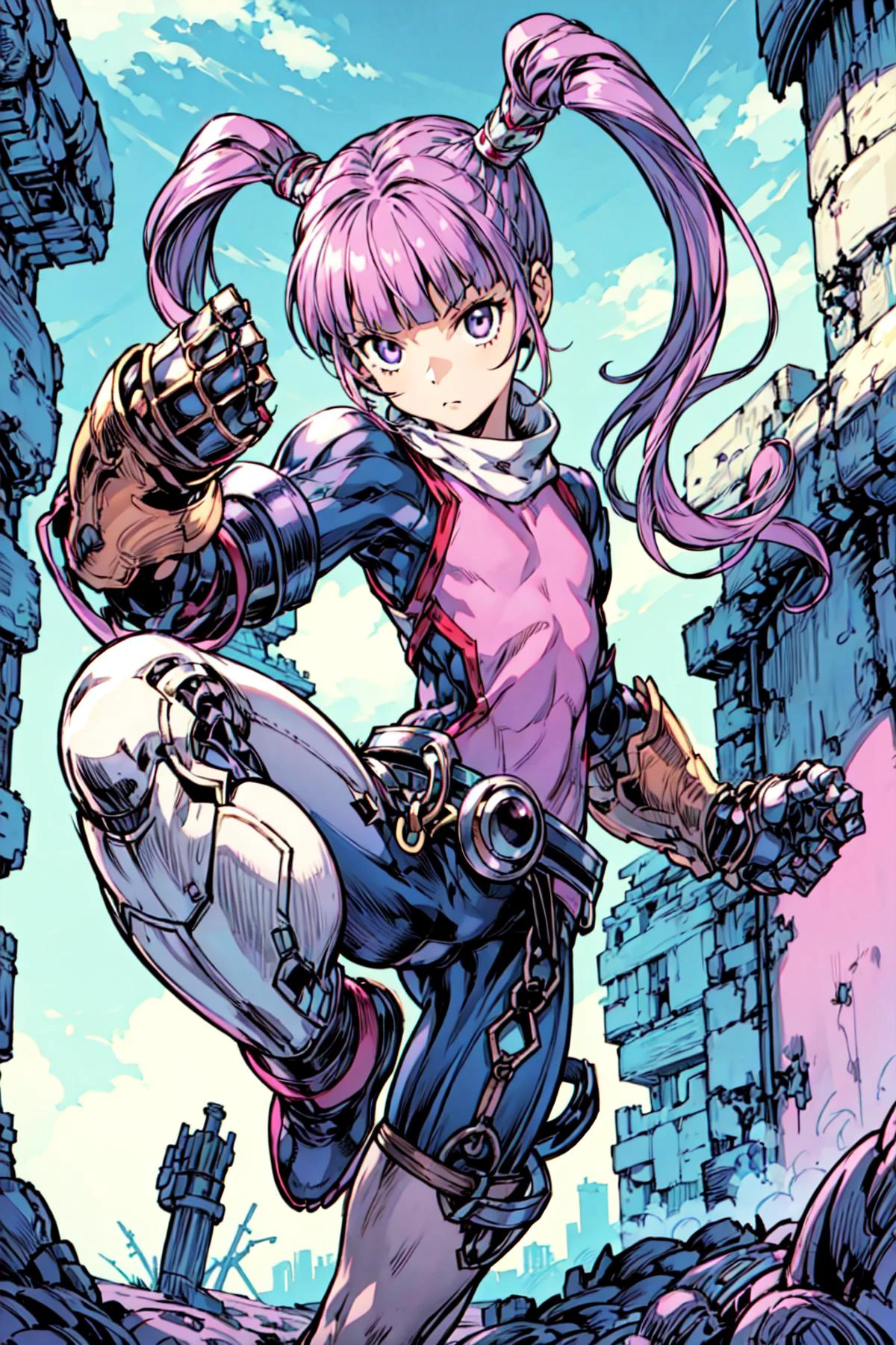 1girl, girl, solo, <lora:Sophie_TalesOf:0.9>, Sophie_TalesOf, purple hair, long twintails, flat chest, pink bodysuit, outdoors, medieval, dynamic pose, fighting stance, <lora:add_detail:0.7>, <lora:mecha_gauntlets_v11:0.4>, oversized mechanical gauntlets,