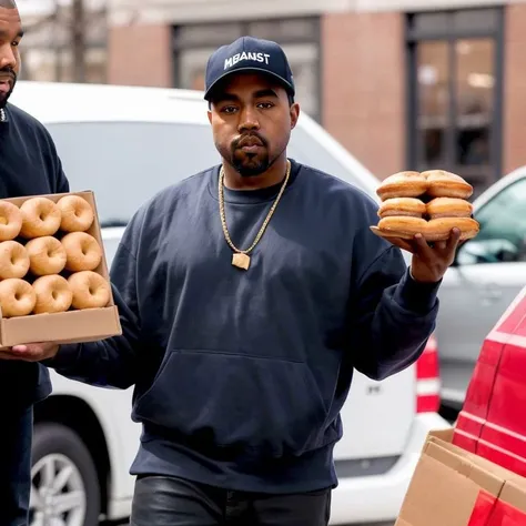 a beautiful painted portrait of yeezy holding a box of donuts , hd , ((high quality)) , solo,
