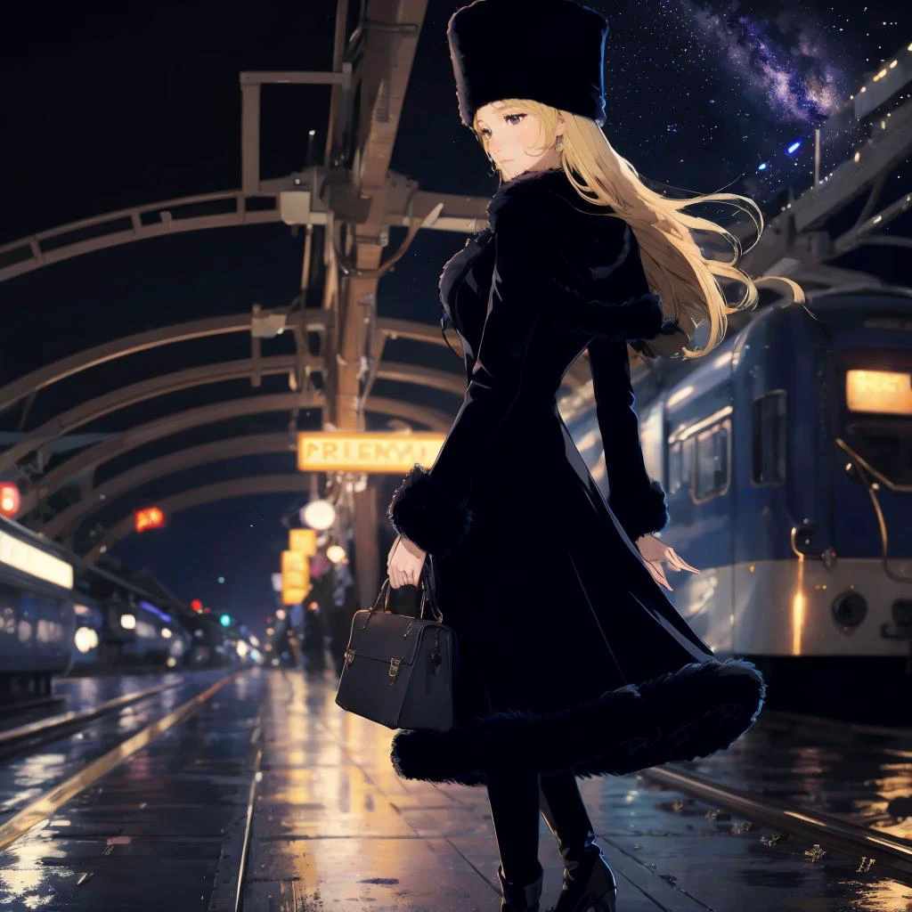 masterpiece, High resolution, 4K, high detail, High quality, high detailed background, photorealistic, backlighting, midnight, galaxy express 999, galaxy image, stary sky,
1girl, at railway station, looking other, (profile:0.7)
black eyes, small breasts,(closed eyes:0.3) , pee trail, full body, travel bag,
<lora:add_detail:0.25> <lora:maetel:0.75> maetel, long hair, blonde hair, fur trim, black headwear, fur hat, dress long boots black, <lora:flat2:0.5>