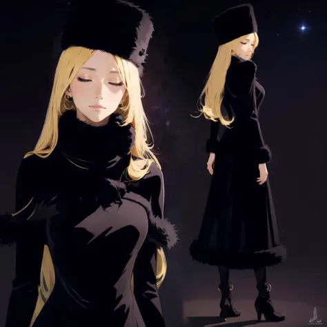 masterpiece, High resolution, 4K, high detail, High quality, high detailed background, photorealistic, backlighting, midnight, galaxy express 999, galaxy image,
1girl, looking other, (profile:0.7)
black eyes, flat chest,(closed eyes:0.8) , pee trail, full body,
<lora:add_detail:0.25> <lora:maetel:0.75> maetel, long hair, blonde hair, fur trim, black headwear, fur hat, dress long boots black, <lora:flat2:0.5>