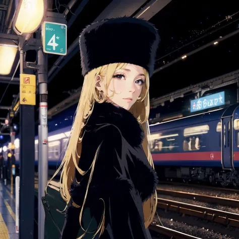 masterpiece,  High resolution, 4K, high detail, High quality, high detailed background, photorealistic, backlighting,  midnight, galaxy express 999, galaxy image, stary sky, railway to the galaxy,
1girl,  at train station, looking other, (profile:0.5), with train conductor,
black eyes, small breasts,(closed eyes:0.3) travel bag, upper body, 
<lora:add_detail:0.25> <lora:maetel:0.75> maetel, long hair, blonde hair, fur trim, black headwear, fur hat, dress long boots  black,  <lora:flat2:0.5>