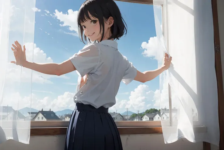 masterpiece, best quality, high resolution, photorealistic, detailed background, summer, Japanese local scape, blue sky, white cloud, fine day, Japanese school girls, school uniform , backlighting, from behind.
at old school classroom, curtain closed,( wearing dark blue long skirt:1.1),(chubby figure:1.2),
(smile:1.2) ,(dropping eyes:1.2), black hair, (short hair:0.9), symmetry eyes, black eyes, mat skin, (small breasts:1.4),
<lora:add_detail:0.2> <lora:flat2:0.8>