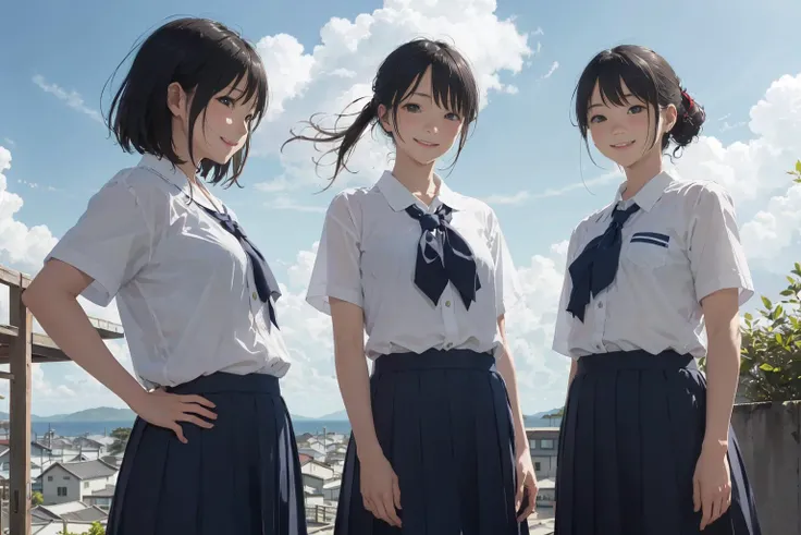 masterpiece, best quality, high resolution, photorealistic, detailed background, summer, Japanese local town, see the sea in the distance, blue sky, white cloud, fine day, Japanese school girls, school uniform , backlighting,( profile:0.8).
at school rooftop, ,( wearing dark blue long skirt:1.1),(chubby figure:1.2),
(smile:1.2) ,(dropping eyes:1.2), black hair, (short hair:0.9), symmetry eyes, black eyes, mat skin, (small breasts:1.4),
<lora:add_detail:0.2> <lora:flat2:0.8>