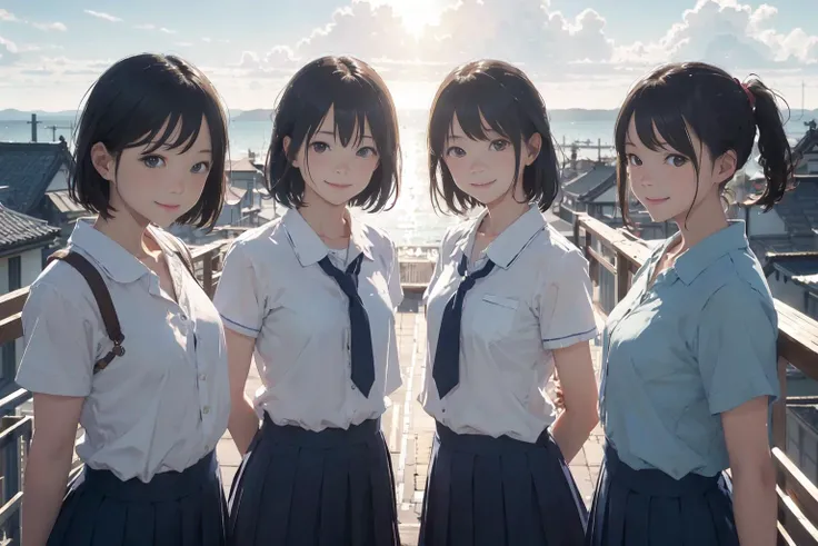 masterpiece, best quality, high resolution, photorealistic, detailed background, summer, Japanese  school girls, at school rooftop, school uniform , backlighting,( profile:0.7).
Japanese local town scape, see the sea in the distance, blue sky, white cloud, fine day,
,( wearing dark blue long skirt:1.1),(chubby figure:1.2),
(smile:1.2) ,(dropping eyes:1.2),  black hair, (short hair:0.9), symmetry eyes, black eyes, mat skin, (small breasts:1.4),
<lora:add_detail:0.2>  <lora:flat2:0.8>