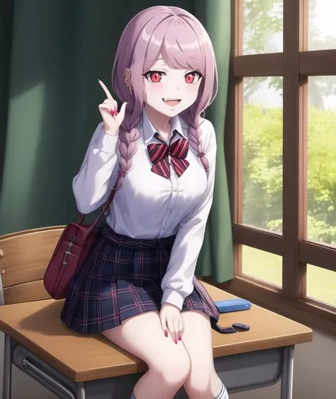 masterpiece, best quality, high quality, highres, absurdres, 1girl, solo, indoors, loose socks, smile, wrist scrunchie, twin braids, desk, sitting, looking at viewer, twin braids, white shirt, school desk, blue skirt, plaid skirt, gyaru, loose bowtie, school uniform, pleated skirt, red bowtie, classroom, miniskirt, v, cleavage, collarbone, nail polish, striped bowtie, open mouth, chair, on desk, hand between legs, pink scrunchie, blush, window, school chair, collared shirt, kogal, fang, sitting on desk, grey sweater, sweater around waist, pink nails, sleeves rolled up, grin, blunt bangs, :d, w, wooden floor, long fingernails, hand up, teeth, light hair, short sleeves, kneehighs, plaid bowtie, hair scrunchie, chalkboard, wing collar, school, red scrunchie, v over eye, long sleeves, leaning forward, curtains, shoulder bag, low twintails, lips, feet out of frame, ear piercing, pink hair, red eyes, slit pupils, short hair, (pale skin:1.2), <lora:SHALLTEAR_V2:0.9>