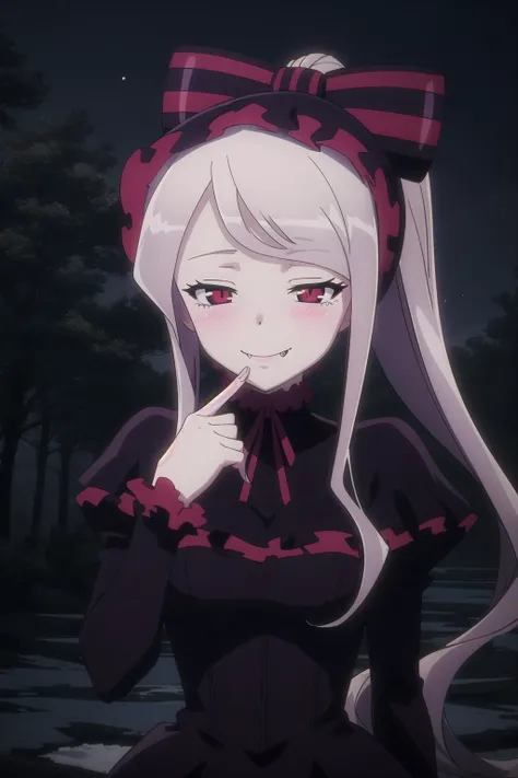 anime, hdr, soft light, ((best quality)), ((masterpiece)), (detailed), <lora:SHALLTEAR_V2:0.8> SHALLTEAR, fang out, ponytail, very long hair, hair bow, bonnet, purple dress, frills, long sleeves, looking at viewer, smile, half-closed eyes, blush, (hand on own face:1.2), cowboy shot, outdoors, trees, night sky