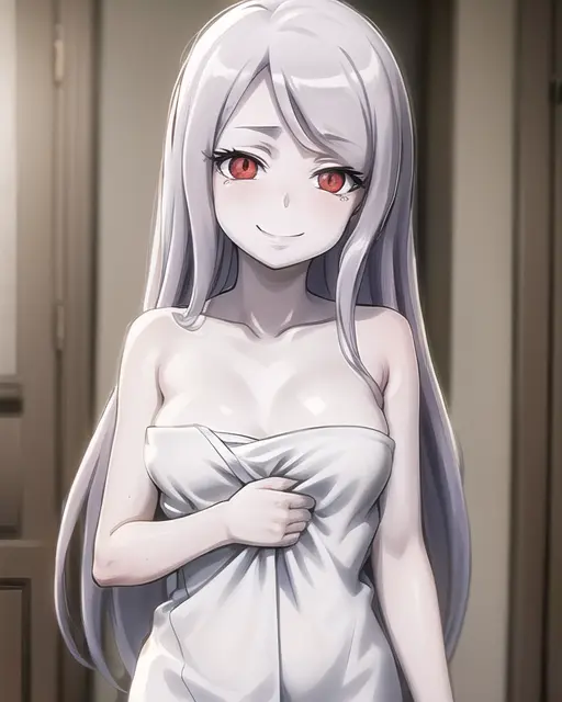 SHALLTEAR, masterpiece, best quality, highly detailed, 1girl, solo, long hair, smile, bare shoulders, upper body, naked towel, <lora:SHALLTEAR-10:0.8>