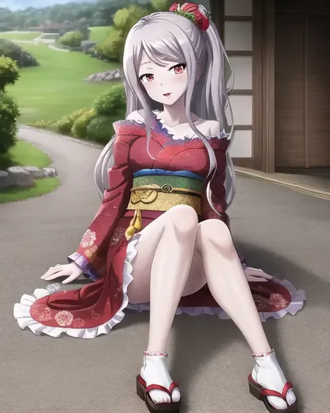 SHALLTEAR, masterpiece, best quality, highly detailed, 1girl, solo, long hair, looking at viewer, blush, open mouth, long sleeves, sitting, collarbone, full body, sidelocks, frills, japanese clothes, wide sleeves, off shoulder, arm support, obi, floral print, sandals, tabi, hair stick, purple kimono, holding kiseru, <lora:SHALLTEAR-10:0.65>