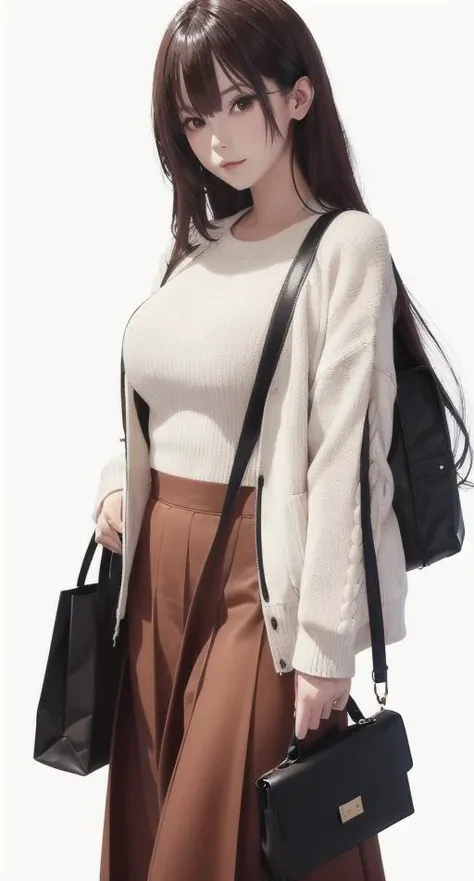 8k portrait of beautiful cyborg with brown hair, intricate, elegant, highly detailed, majestic, digital photography, masterpiece, 1girl, solo, long hair, looking at viewer, bangs, skirt, simple background, white background, holding, very long hair, jacket, full body, bag, sweater, long skirt, handbag, jacket on shoulders, holding bag <lora:Takamine Takane:1>