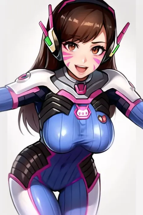 Masterpiece, best quality, extremely detailed, hyper detailed, detailed face, perfect hands, extremely detailed hands, high resolution illustration, illustration, 1girl, animal_print, armor, bangs, blue_bodysuit, blurry, blurry_background, bodysuit, breasts, brown_eyes, brown_hair, bunny_print, collarbone, cowboy_shot, d.va_\(overwatch\), depth_of_field, facepaint, facial_mark, gloves, headphones, high_collar, leaning_forward, long_hair, looking_at_viewer, medium_breasts, open_mouth, pauldrons, pilot_suit, shoulder_armor, shoulder_pads, simple_background, skin_tight, smile, solo, swept_bangs, thigh_gap, whisker_markings, white_background, white_gloves, <lora:dVaOverwatchLORA_v1:0.275>