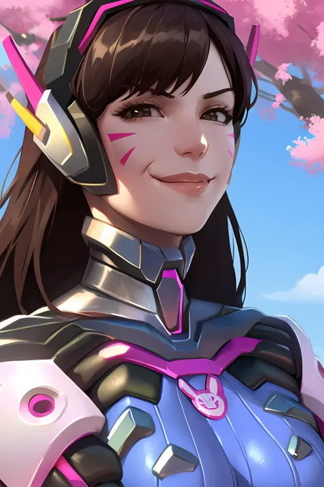 portrait, waist up, d.va, friendly face expression, long hair, ribbed bodysuit, arrogant smirk, cherry blossoms in background, sunlight,<lora:dVaOverwatchLORA_v1:0.7>, best quality