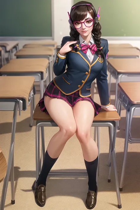 d.va, waist up, twin braids, blazer, seductive pose, sitting, bespectacled, looking at viewer, school uniform, classroom, pleated skirt, full body,<lora:dVaOverwatchLORA_v1:0.7>, best quality