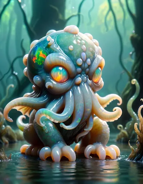 A cute colorful fluffy cthulhu, wildlife photography, in a ral-opal swamp, 4K UHD, 8K UHD, High-definition, capturing highest detailed, 4k, uhd, hdr, made out of ral-opal <lora:ral-opal-sdxl:1>