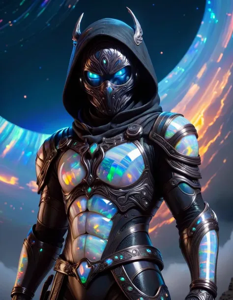 portrait, solo, (full body:0.6), looking up, detailed background, detailed face, warp, scifi, excessive energy, ulblackholetech theme:1.1), dark shadow-assassin, hidden truth, corruptor outfit, hood, colorful armour, ral-opal belt, dark ral-opal intent, creeping shadows, dynamic pose, specters in background, starry night sky, wind blowing, eerie calm, ominous atmosphere,, made out of ral-opal <lora:ral-opal-sdxl:1>