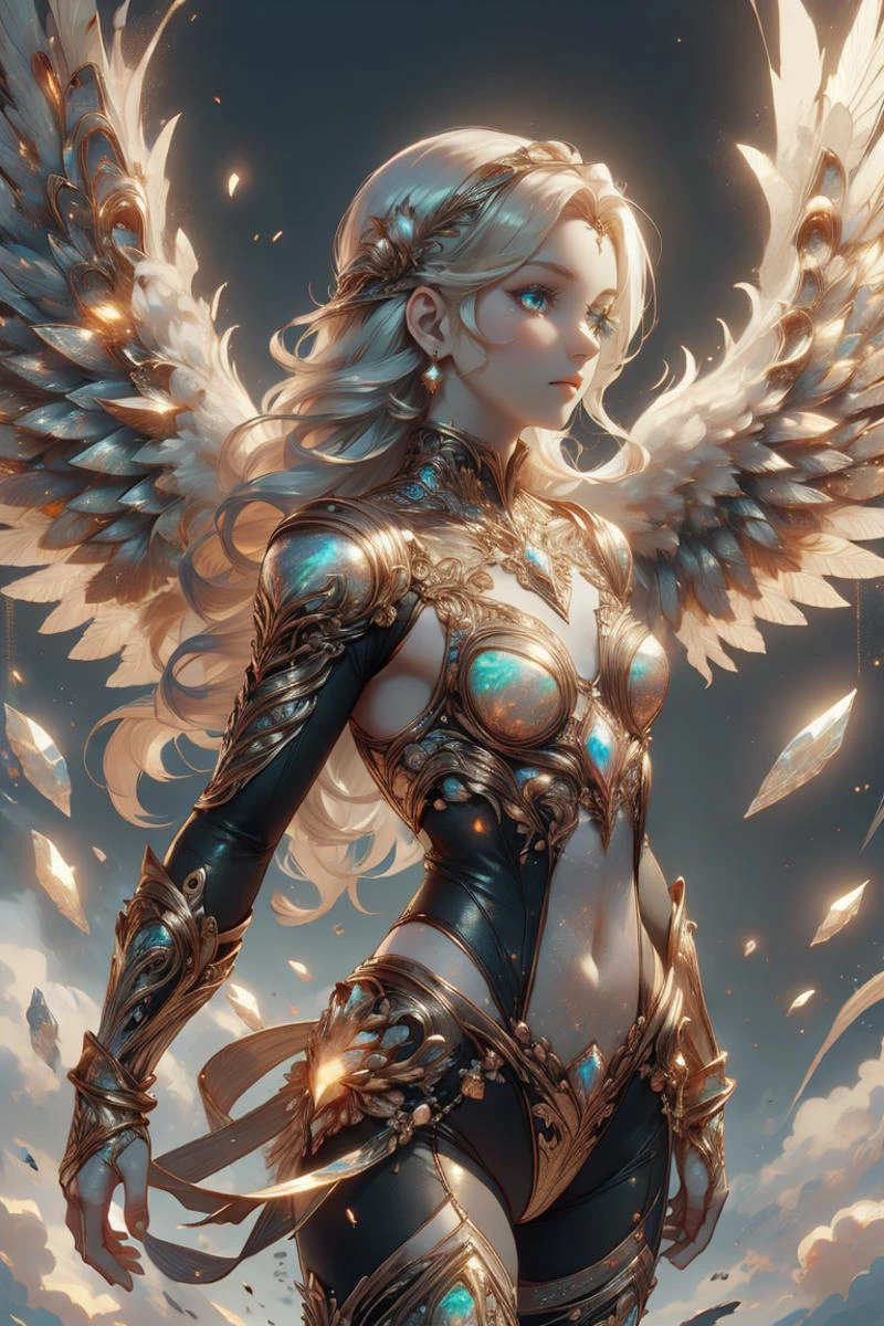 1girl, broken wings, defeated warrior, <lora:angelic-wing-style-darquelilly-v1:0.4> angelicwingstyle <lora:MidasMagic-22:0.6> midasmagic, golden aura, glint <lora:ral-opal-sd15:0.8> ral-opal