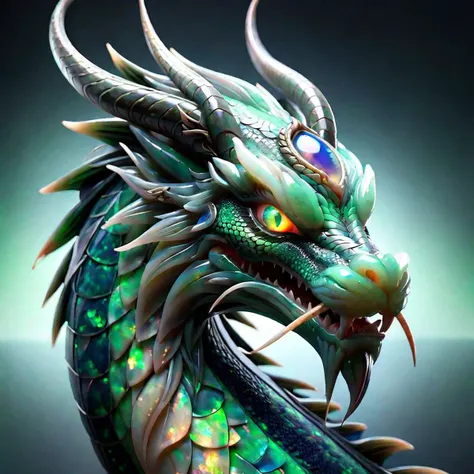 fantasy style portrait of a green and black dragon with intricate iris reflection,dragon skin,snake like iris,fantasy style,gloomy atmosphere,8k,photograhpic,realistic,highly detailed iris,absurdres details,ral-opal,<lora:ral-opal-sdxl:0.8>,