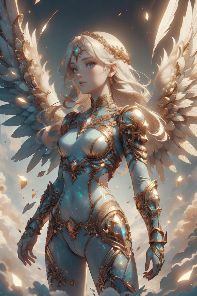 1girl, broken wings, defeated warrior, <lora:angelic-wing-style-darquelilly-v1:0.4> angelicwingstyle <lora:MidasMagic-22:0.6> midasmagic, golden aura, glint <lora:ral-opal-sd15:0.7> ral-opal
