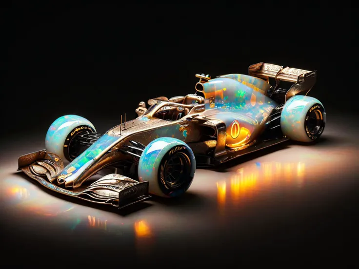 ral-opal,F1 car with opal paint finish without a driver on an iridescent track under bright lights <lora:ral-opal:1>