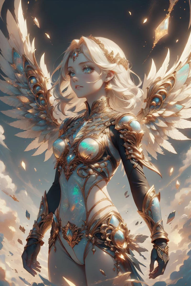 1girl, broken wings, defeated warrior, <lora:angelic-wing-style-darquelilly-v1:0.4> angelicwingstyle <lora:MidasMagic-22:0.6> midasmagic, golden aura, glint <lora:ral-opal-sd15:0.7> ral-opal