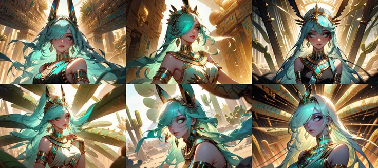 (otherworldly, otherworldly atmosphere, otherworldly appearance), highly insanely detailed, masterpiece, top quality, best quality, highres, 4k, 8k, RAW photo, collar, earrings, jewelry, necklace, armlet, 
(long_hair, long hair, random colors cloth, random colors hair, random long hair, dynamic hair, glowing hair, hair over one eye), 
(eyelashes, eyeliner, eyeshadow, eyelashes), 
makeup, 
(dynamic pose), nsfw, 
((ancient egyptian theme)), golden ornaments, 
1girl, (portrait), 
((desert, Mexico, cacti)), 
ral-opal, meahophontron , <lora:ral-opal-sd15:0.7>, 
a grove of mechanical trees swaying to the rhythm of coded breezes, (tranquil:0.6), (serene:0.5), 
BREAK
scenery, (ancient egyptian ruins), (fantasy world)