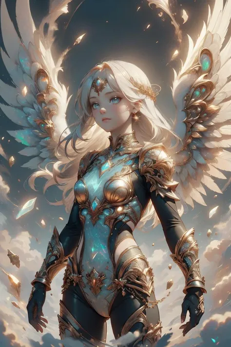 1girl, broken wings, defeated warrior,  <lora:angelic-wing-style-darquelilly-v1:0.4> angelicwingstyle  <lora:MidasMagic-22:0.6> midasmagic, golden aura, glint <lora:ral-opal-sd15:0.7> ral-opal