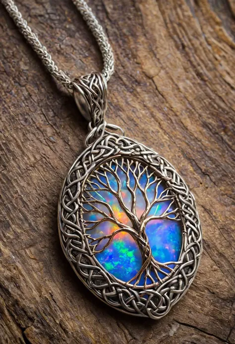 macro photo, sparkling Celtic magical necklace, tree of Life, made of opal, light shines through, magical artifact, very detailed, amazing quality, intricate, cinematic light, highly detail, beautiful, surreal, dramatic, warm colors <lora:ral-opal:0.25> ral-opal <lora:add-detail-xl:2>