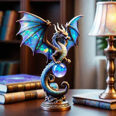 fantasy style bronze ornament,blue and purple dragon chalice,photograhpic,realistic,cozy livingroom,bookshelf,bokeh,highly detailed,absurdres details,ral-opal,<lora:ral-opal-sdxl:0.8>,